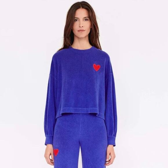 Sundry 1 S Heart Faux Sherpa Sweatshirt Blue Embroidered Pullover Soft TeddyBear - Picture 1 of 10